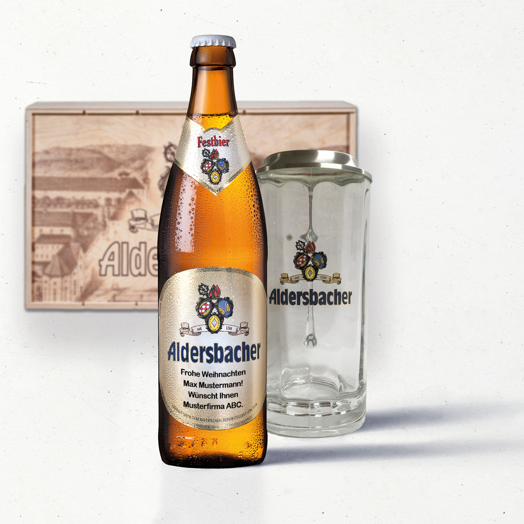 Festbier Glaskrug in der Holzschiebebox